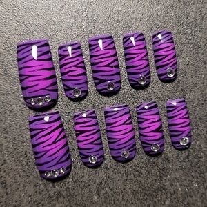 Purple Zebra Print Press-On Nails Hand Painted Large 10pc Set